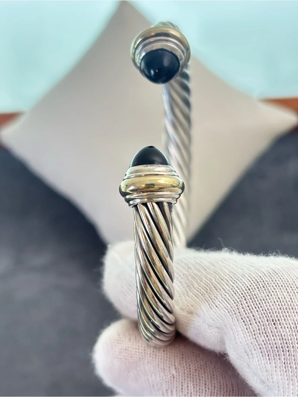 David Yurman 925 & 14k Gold 7mm Bracelet with Black Onyx-Medium
